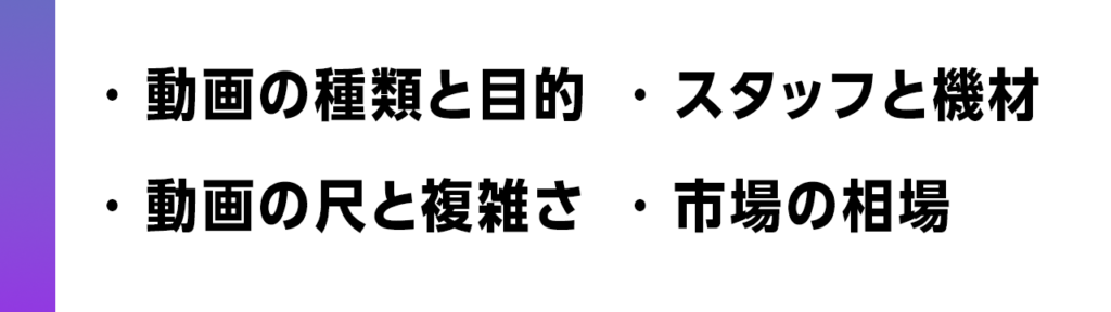 動画の種類
動画の尺と複雑さ
スタッフと機材
市場の相場